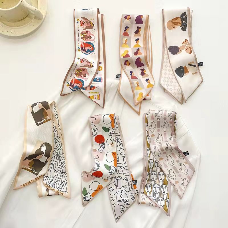 FLY1790 cartoon abstract long silk scarf headband tied bag, multi-functional double-sided Korean ins decorative scarf ribbon for girls Specification image