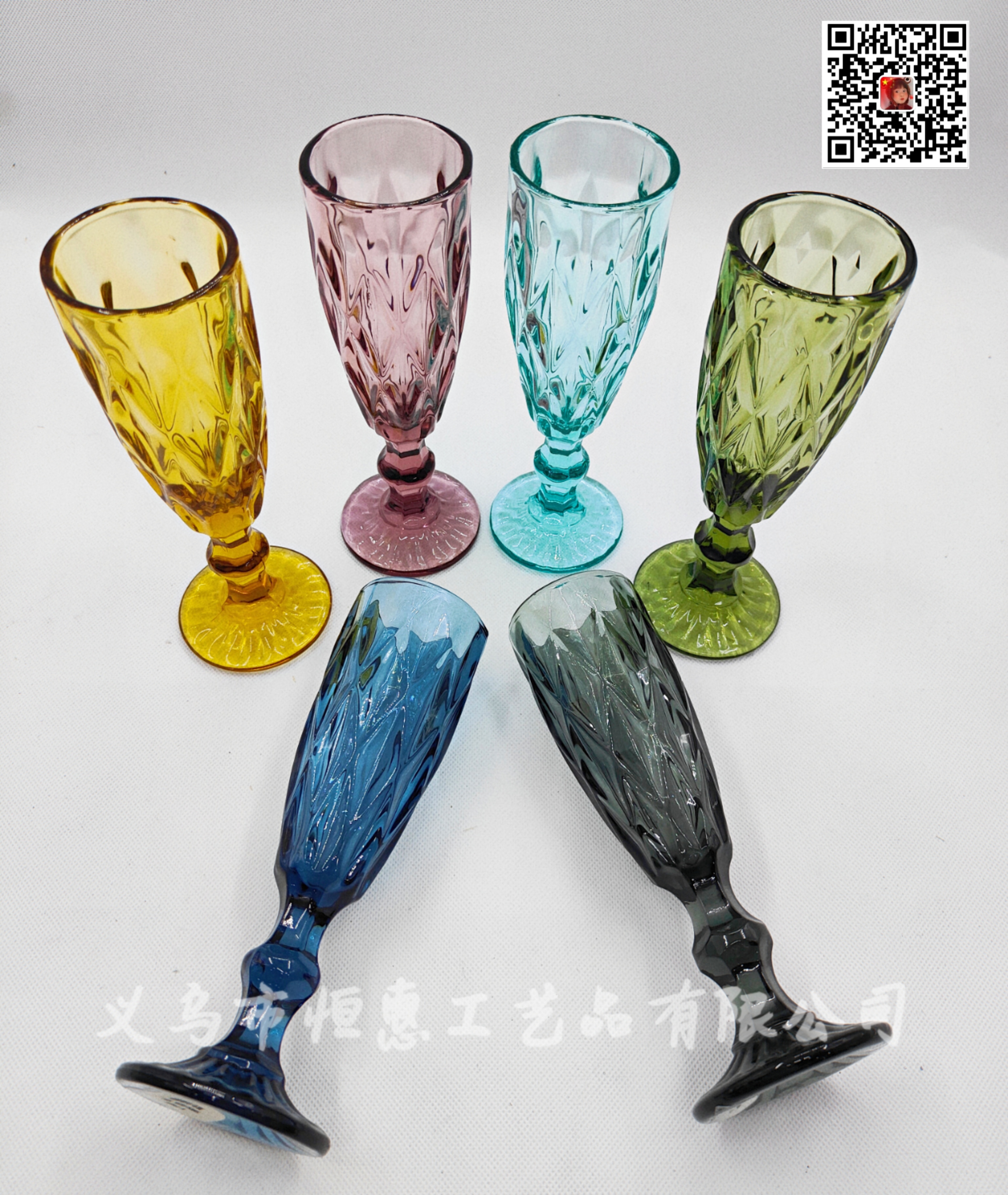 Factory direct sales of retro colored embossed champagne cups, creative juice cups, glass highball cups, and household colored glass cups Specification image