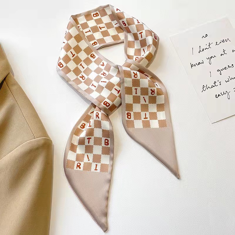 FLY1799 High-end khaki nude color Korean Instendors-style small silk scarf, ribbon and hair tie decoration spring and autumn professional scarf Item Picture