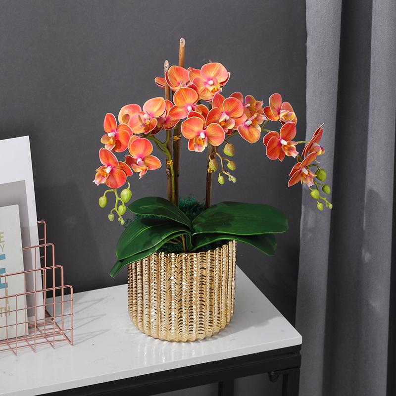 网红轻奢高温花瓶仿真蝴蝶兰插花花瓶创意客厅摆件电镀金银褶皱陶瓷花瓶