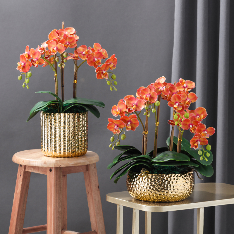 网红轻奢高温花瓶仿真蝴蝶兰插花花瓶创意客厅摆件电镀金银褶皱陶瓷花瓶