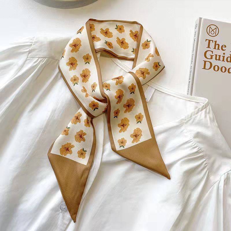 FLY1799 High-end khaki nude color Korean Instendors-style small silk scarf, ribbon and hair tie decoration spring and autumn professional scarf