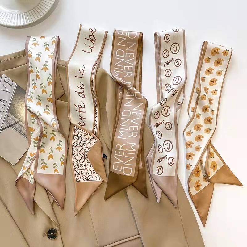 FLY1799 High-end khaki nude color Korean Instendors-style small silk scarf, ribbon and hair tie decoration spring and autumn professional scarf Specification image