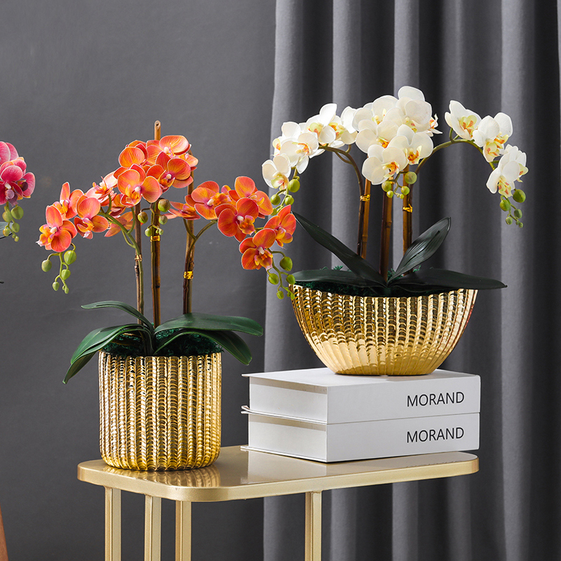 网红轻奢高温花瓶仿真蝴蝶兰插花花瓶创意客厅摆件电镀金银褶皱陶瓷花瓶