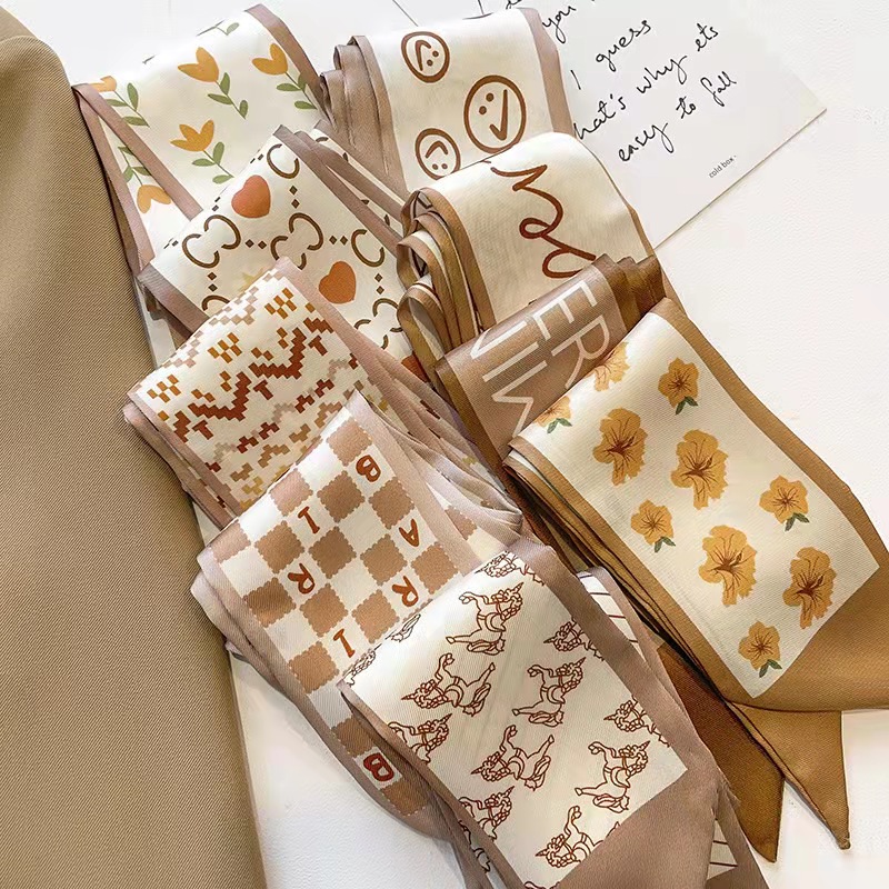 FLY1799 High-end khaki nude color Korean Instendors-style small silk scarf, ribbon and hair tie decoration spring and autumn professional scarf details Picture
