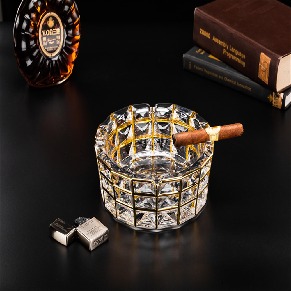 Nordic gold-painted light luxury crystal ashtray, thickened Nordic living room KTV commercial fashionable cigar ashtray, brilliant ashtray 200mm, brilliant ashtray 162mm, brilliant ashtray 127mm details Picture
