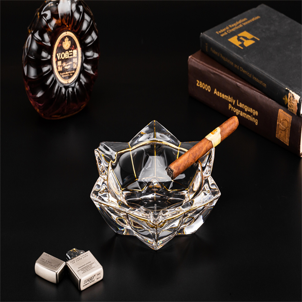 Nordic gold-painted light luxury crystal ashtray, thickened Nordic living room KTV commercial fashionable cigar ashtray, six-star ashtray 240mm Item Picture