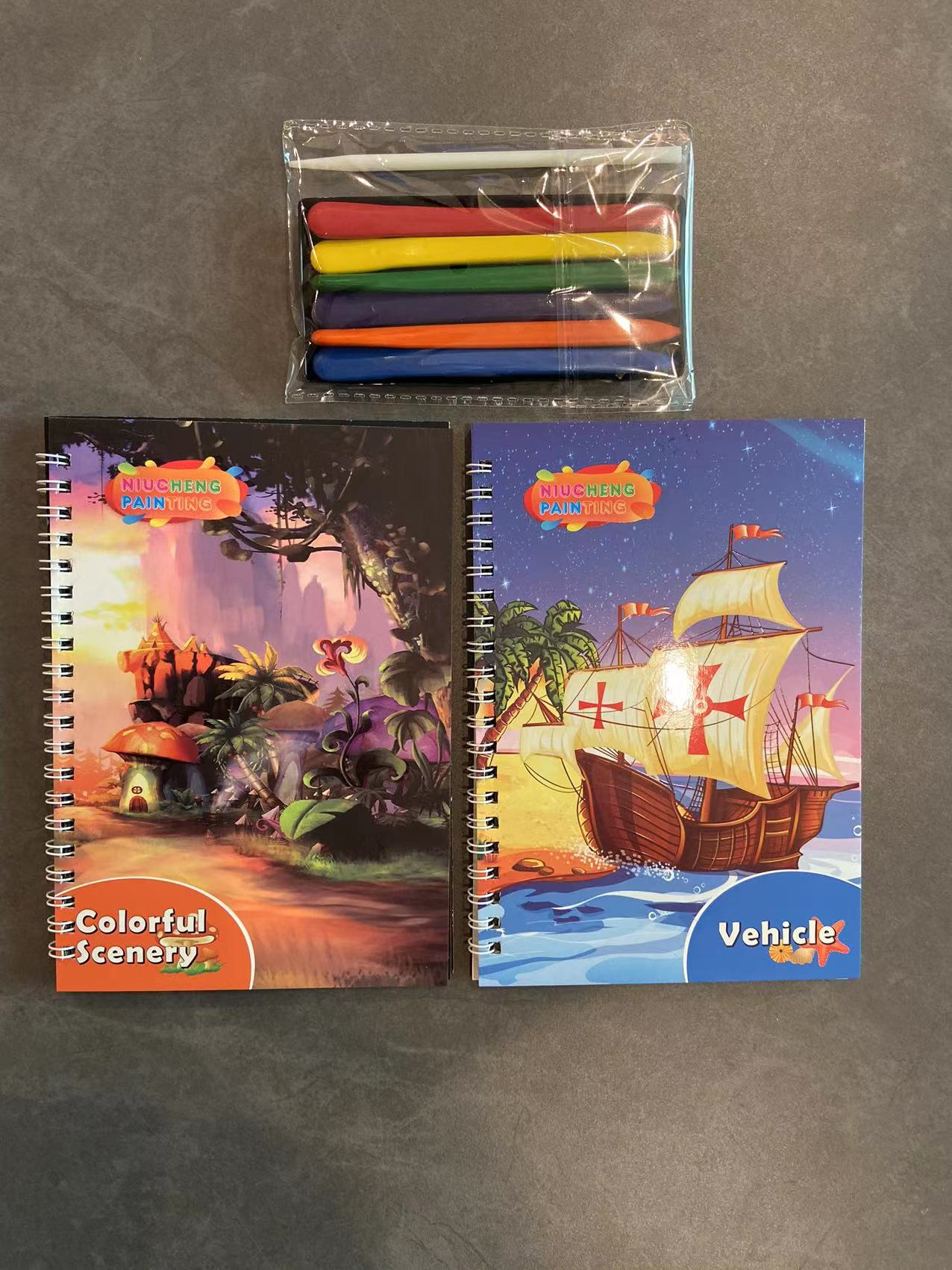 A set of 4 books + 12-color crayons +2 scratch-off pens Specification image