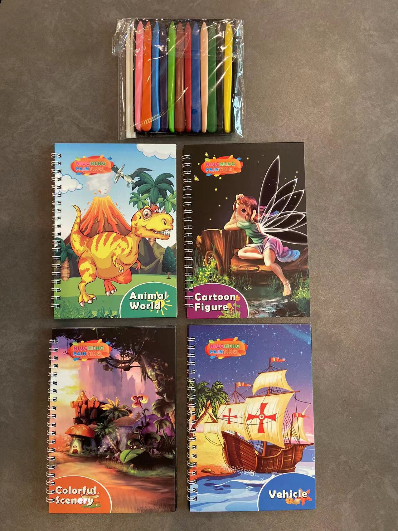 A set of 4 books + 12-color crayons +2 scratch-off pens details Picture