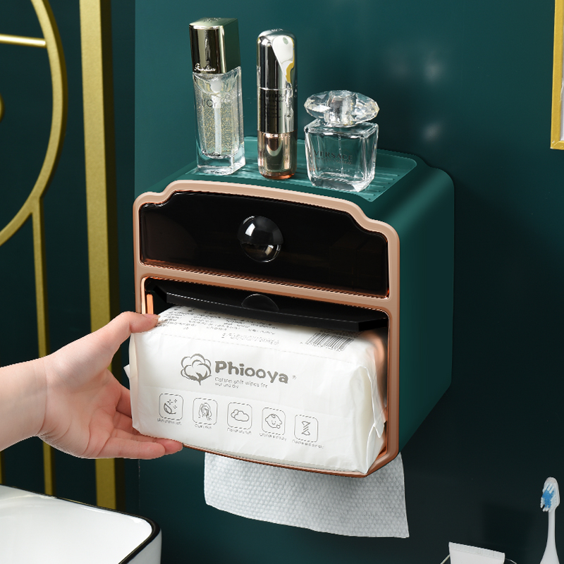 Creative waterproof tissue holder without holes, tissue roll tube, toilet and bathroom storage rack, double-layer tissue box Item Picture