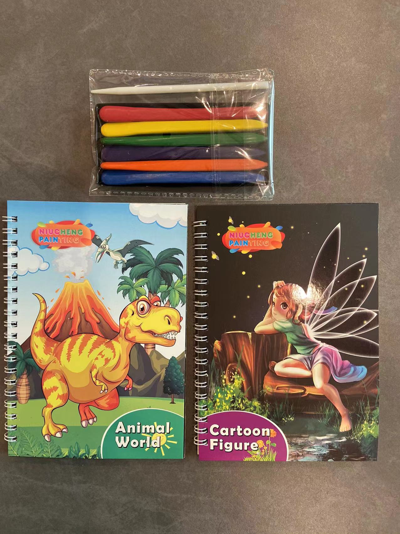 A set of 4 books + 12-color crayons +2 scratch-off pens