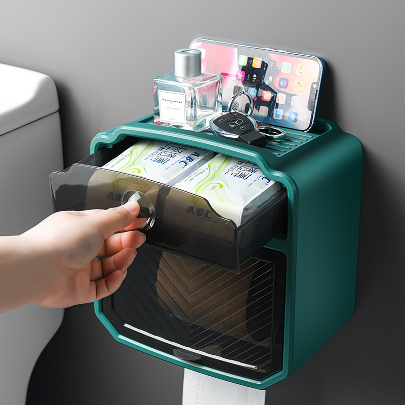Creative waterproof tissue holder without holes, tissue roll tube, toilet and bathroom storage rack, double-layer tissue box Application Scenario