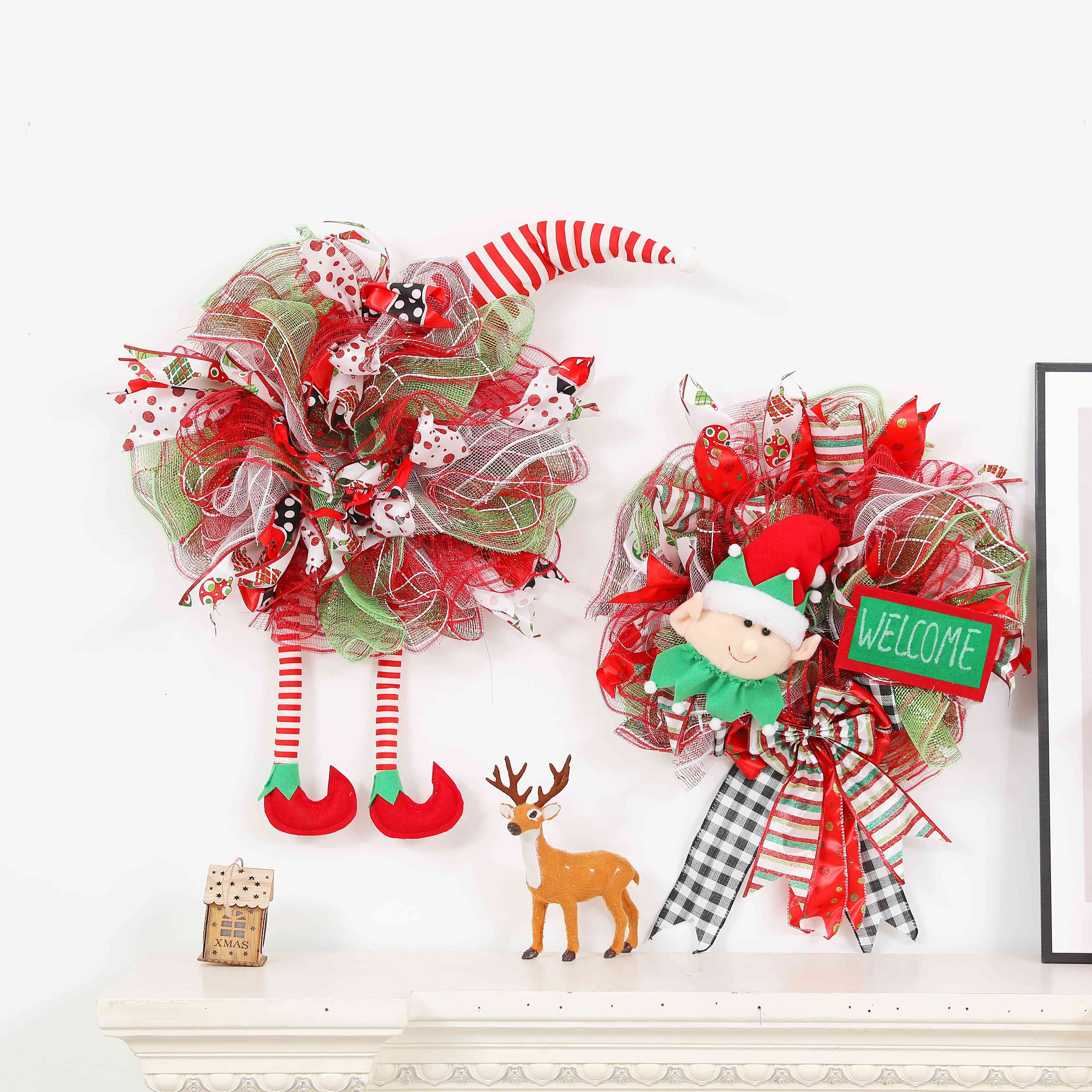 跨境圣诞节花环装饰壁挂件丝带编织精灵门挂织带工艺品礼物wreath