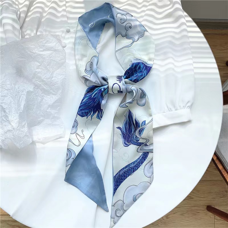 FLY1849 Silk scarf for women's Spring and Autumn, long, stylish and lazy girl, Korean versatile decorative neckerchief and scarf, paired with suit and bag Application Scenario