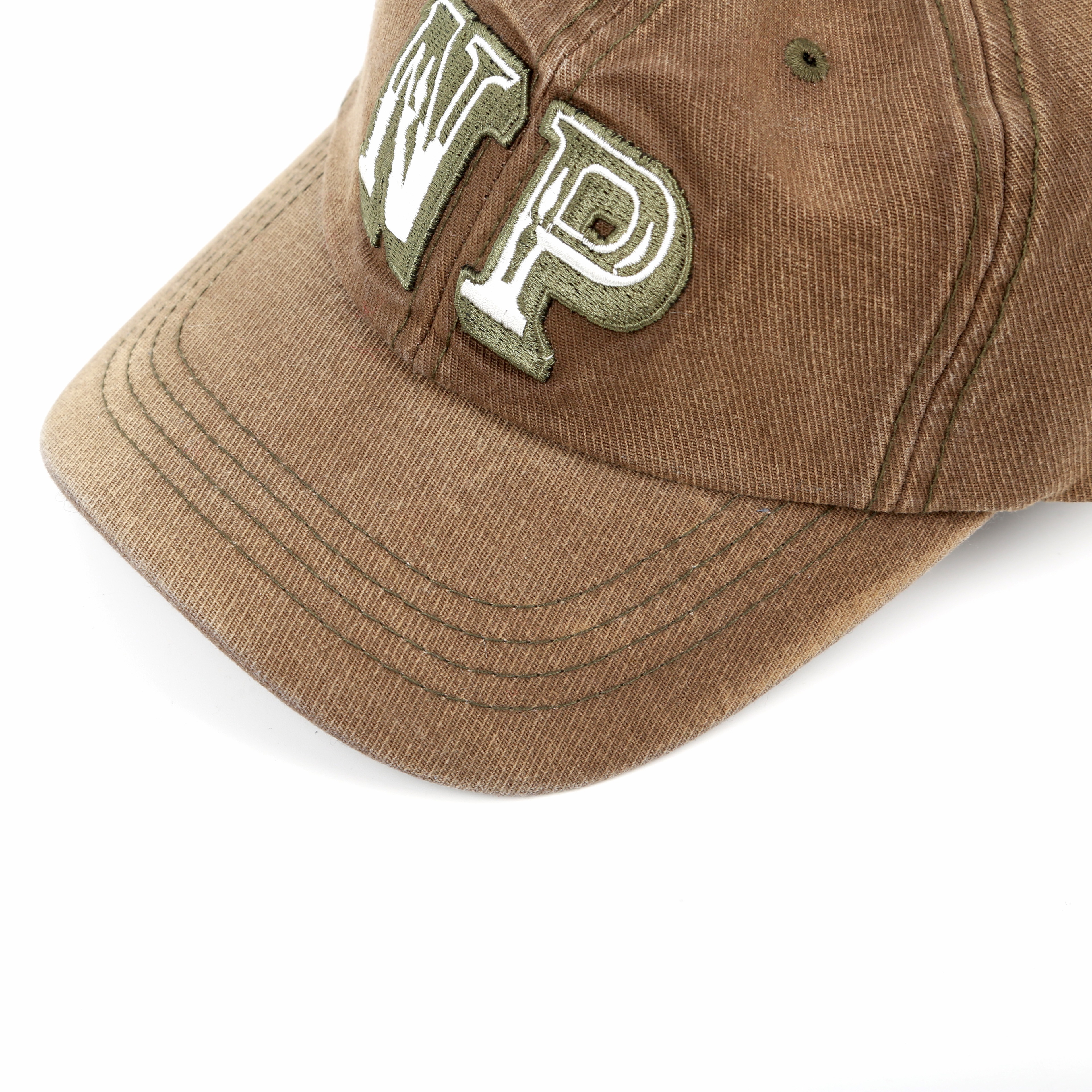 Heavy-duty denim patchwork embroidered baseball cap with aged washed fabric Specification image