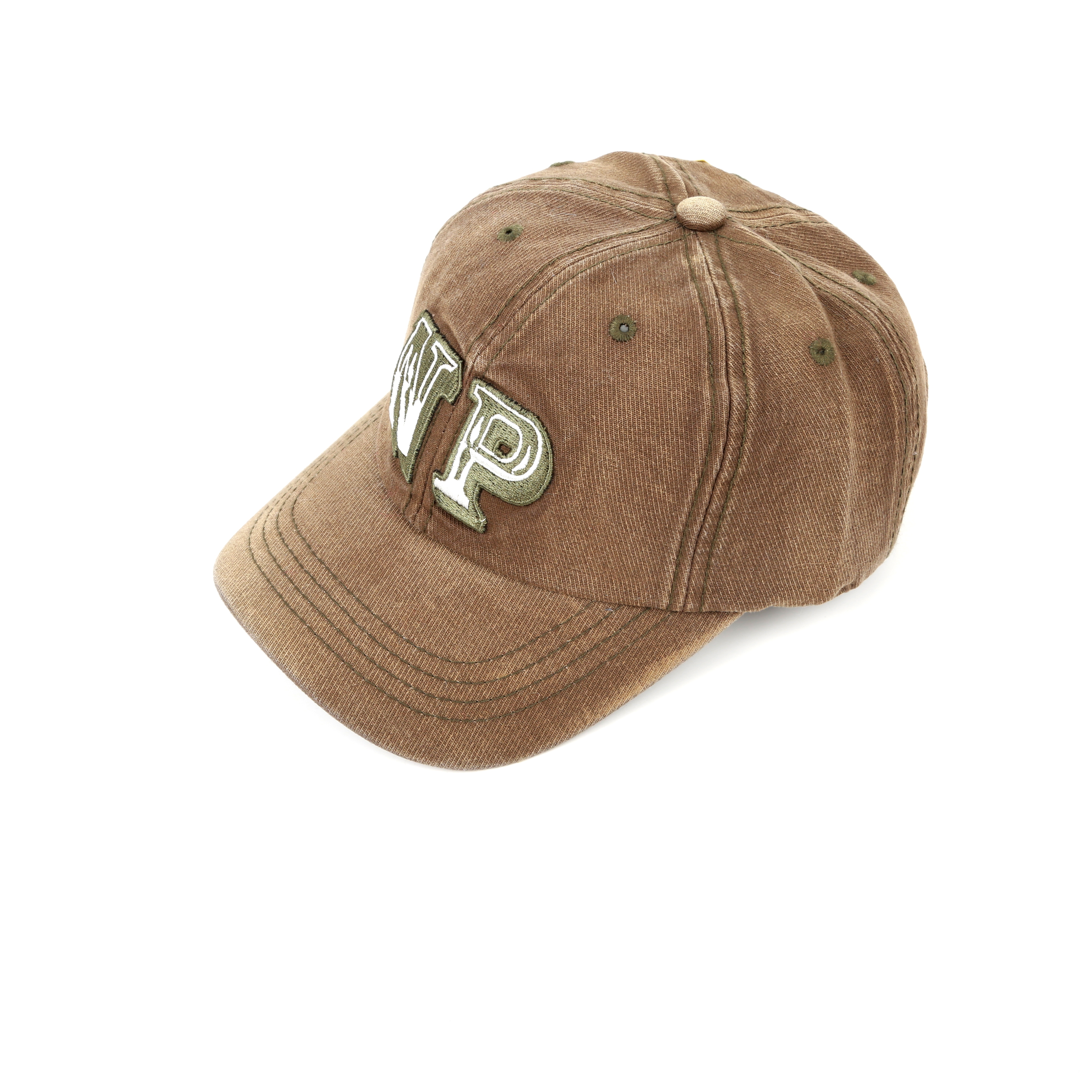 Heavy-duty denim patchwork embroidered baseball cap with aged washed fabric