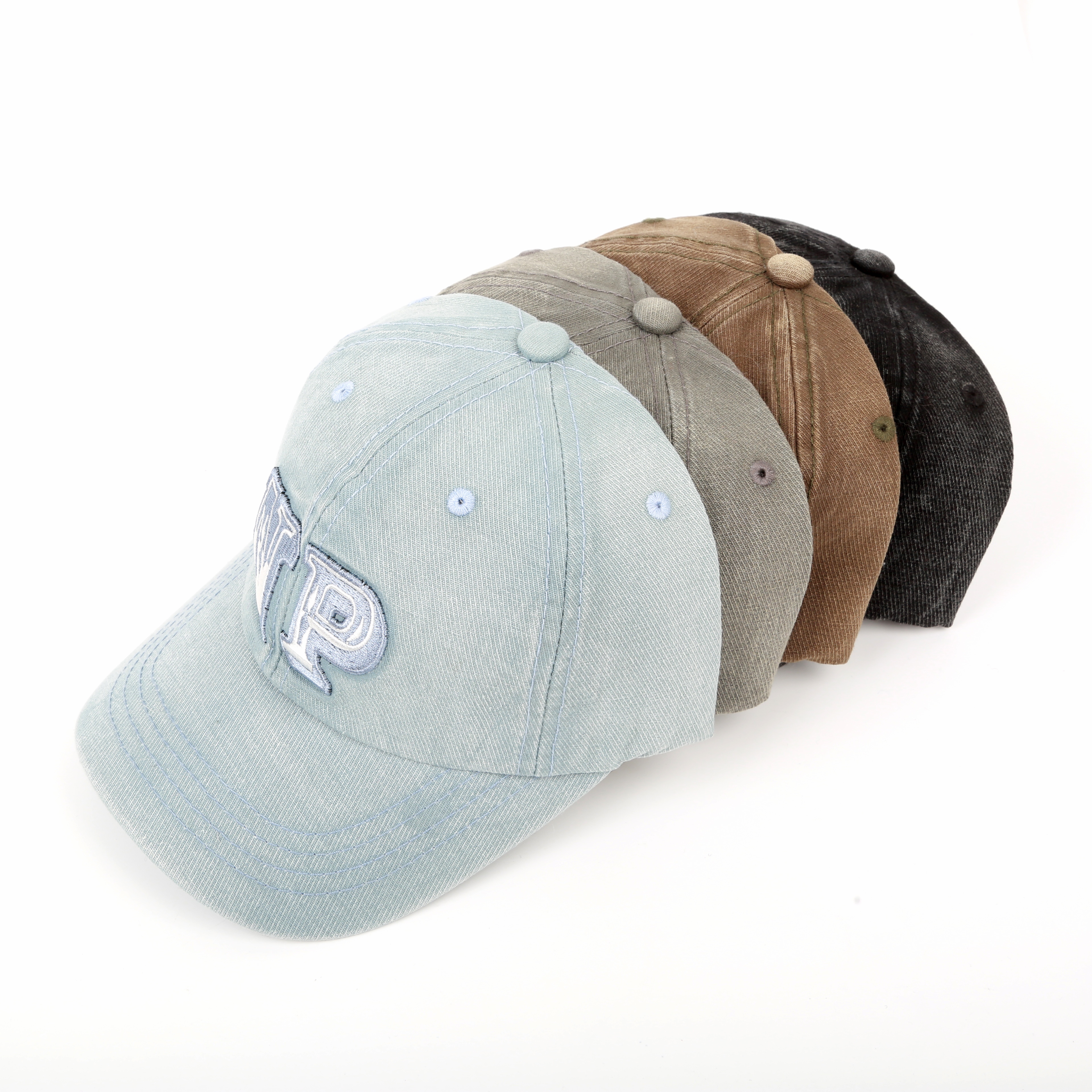 Heavy-duty denim patchwork embroidered baseball cap with aged washed fabric details Picture