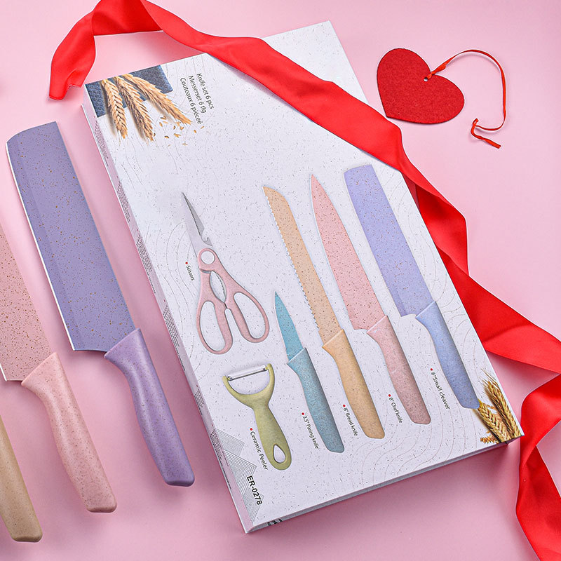 A set of 6-piece stainless steel gift knives made of multi-color wheat straw, exclusively for export Specification image
