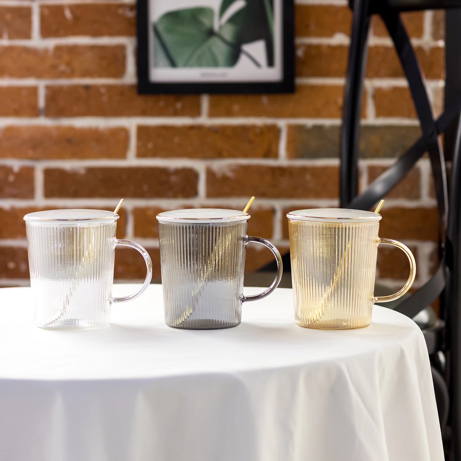 高硼硅炫彩玻璃杯带盖勺水杯立体纹咖啡杯