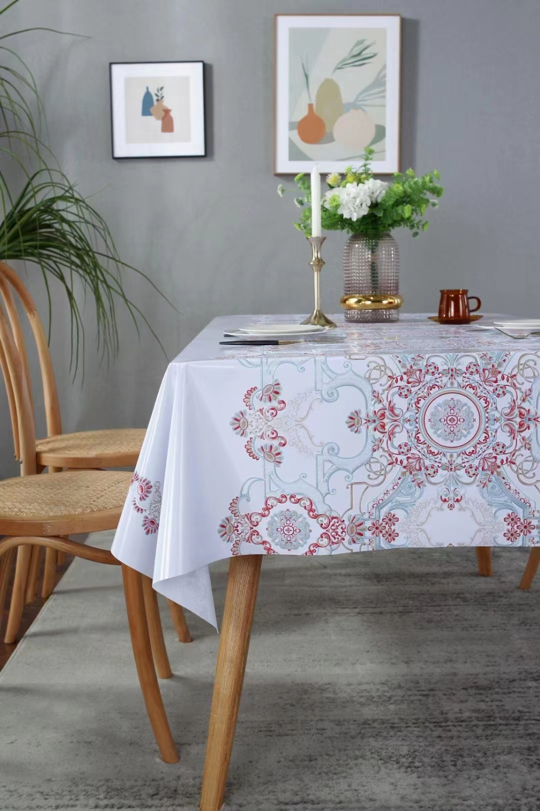 PVC printed embossed pearlescent glitter tablecloth, European-style, elegant and fashionable home and hotel decoration, waterproof and no-wash tablecloth Application Scenario