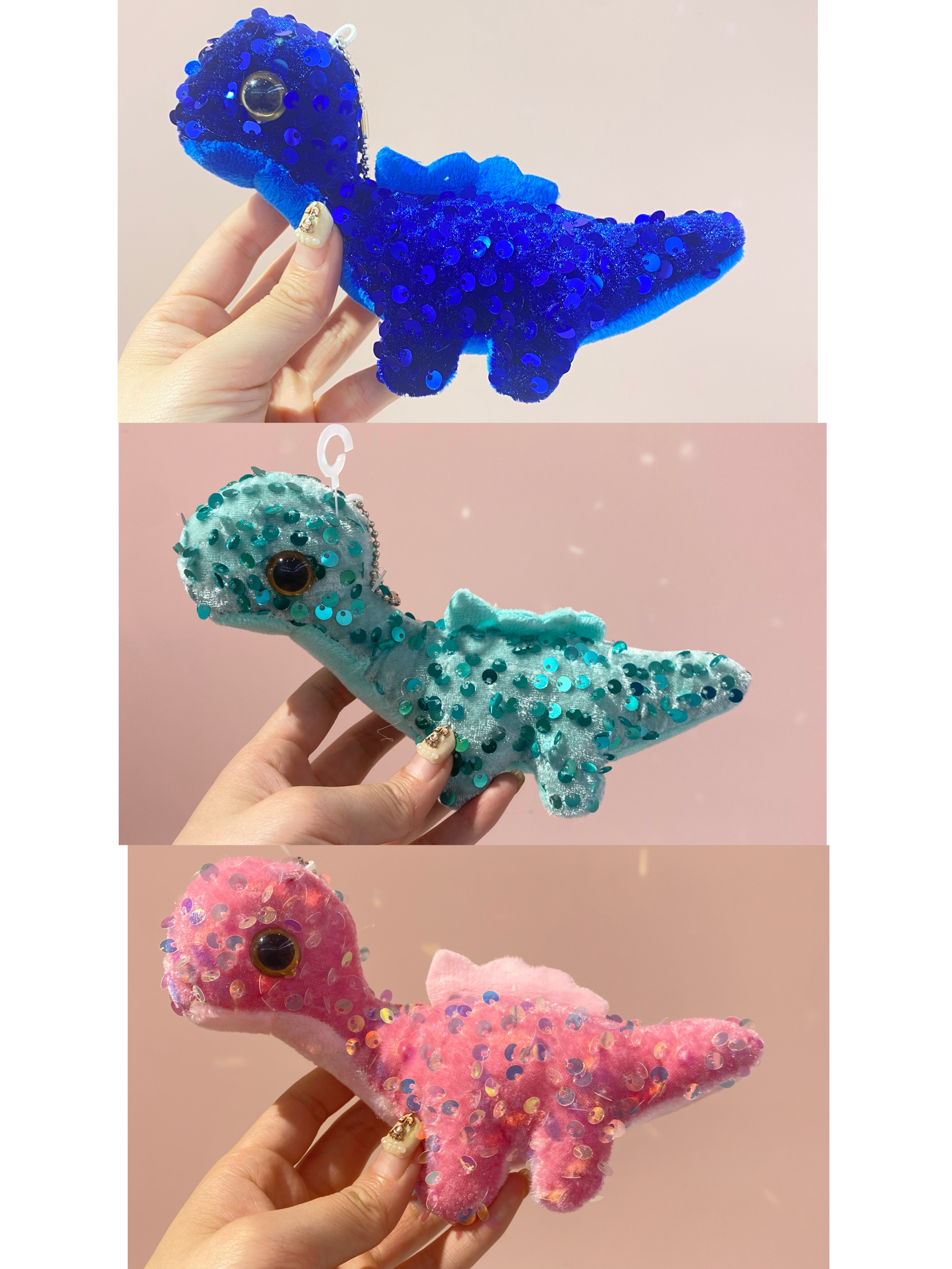 A cute plush keychain and cartoon animal car backpack pendant with sequins, big eyes and little dinosaurs
