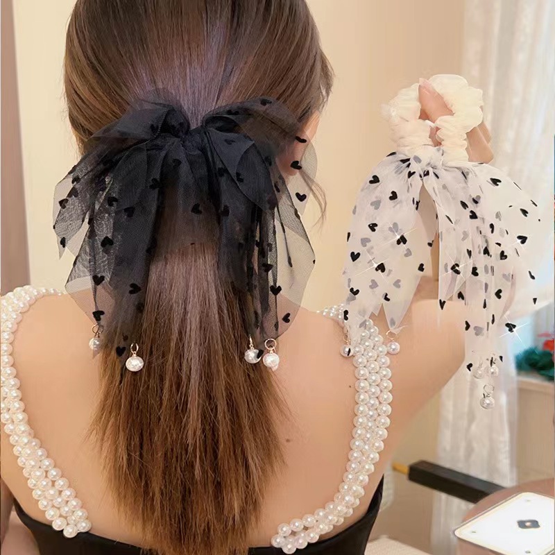 Heart-shaped beads, tassel lace, large intestine circle, ribbon hair tie, high elasticity hair tie, girls' high elasticity hair circle, hair accessory h-54 Specification image