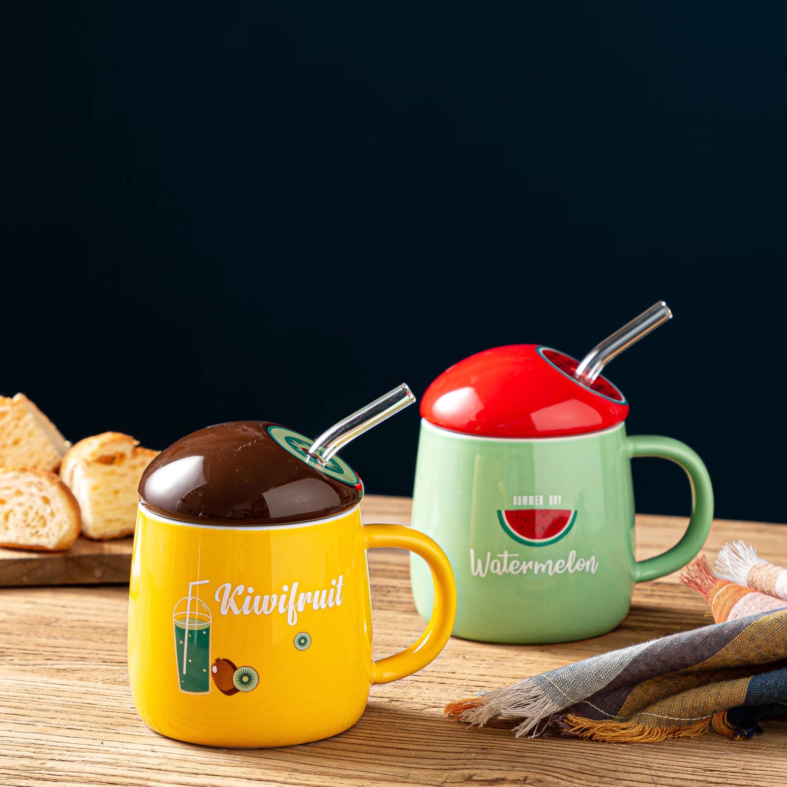 Fruit ceramic cups, colored glaze coffee cups, water cups with straws, creative mugs details Picture