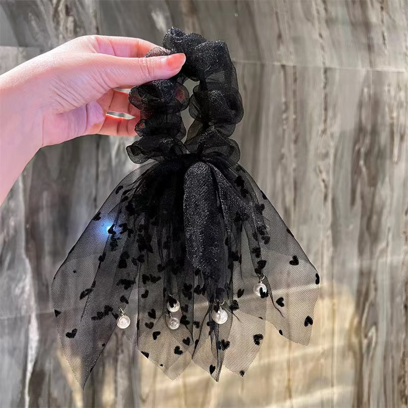 Heart-shaped beads, tassel lace, large intestine circle, ribbon hair tie, high elasticity hair tie, girls' high elasticity hair circle, hair accessory h-54 Item Picture