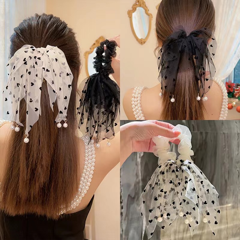 Heart-shaped beads, tassel lace, large intestine circle, ribbon hair tie, high elasticity hair tie, girls' high elasticity hair circle, hair accessory h-54