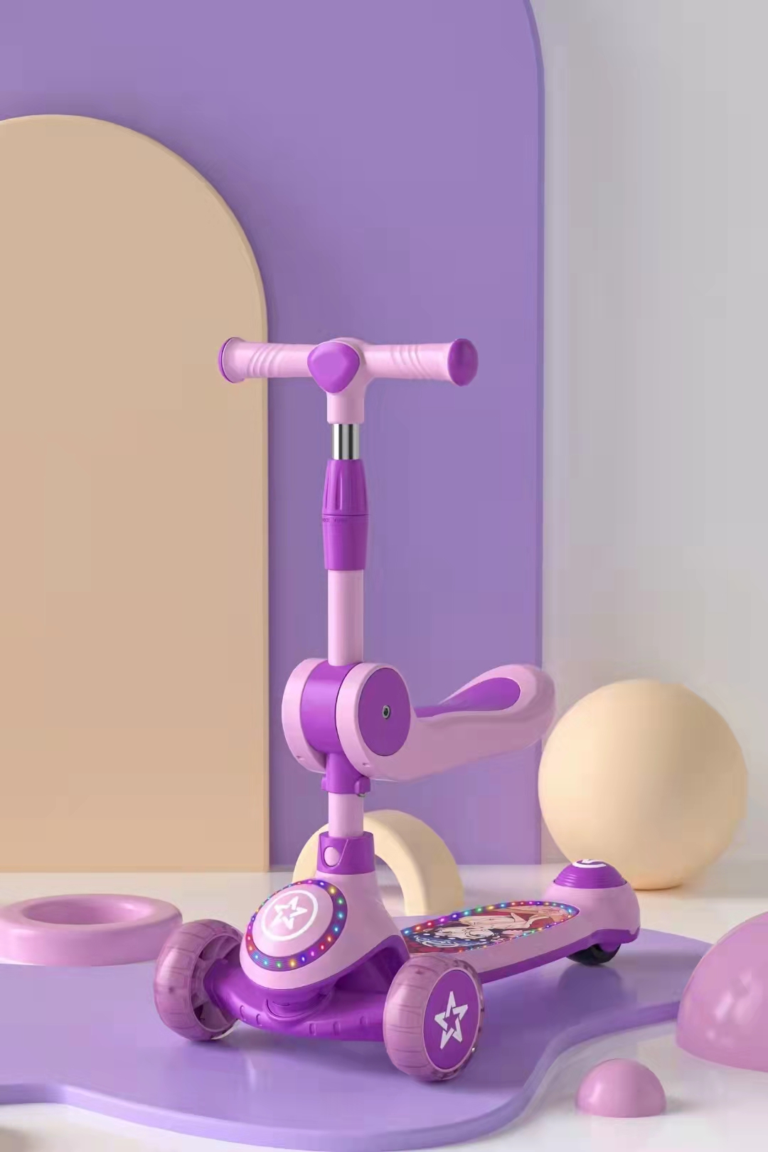 In 2022, the new folding children's three-in-one scooter from Buyun features PU wheels, colorful lights, a skateboard with light and music, adjustable height on the pole, and one-button folding. It is a new color children's three-in-one scooter with a seat Item Picture