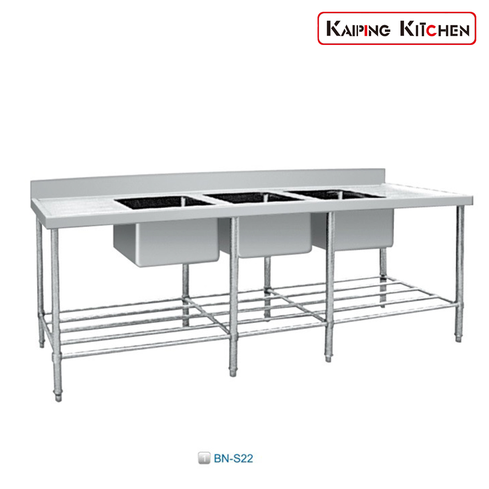 BN-S22 拆装式三星洗涮台（机制盆） Triple Sink Bench With Pot Shelf 型号规格