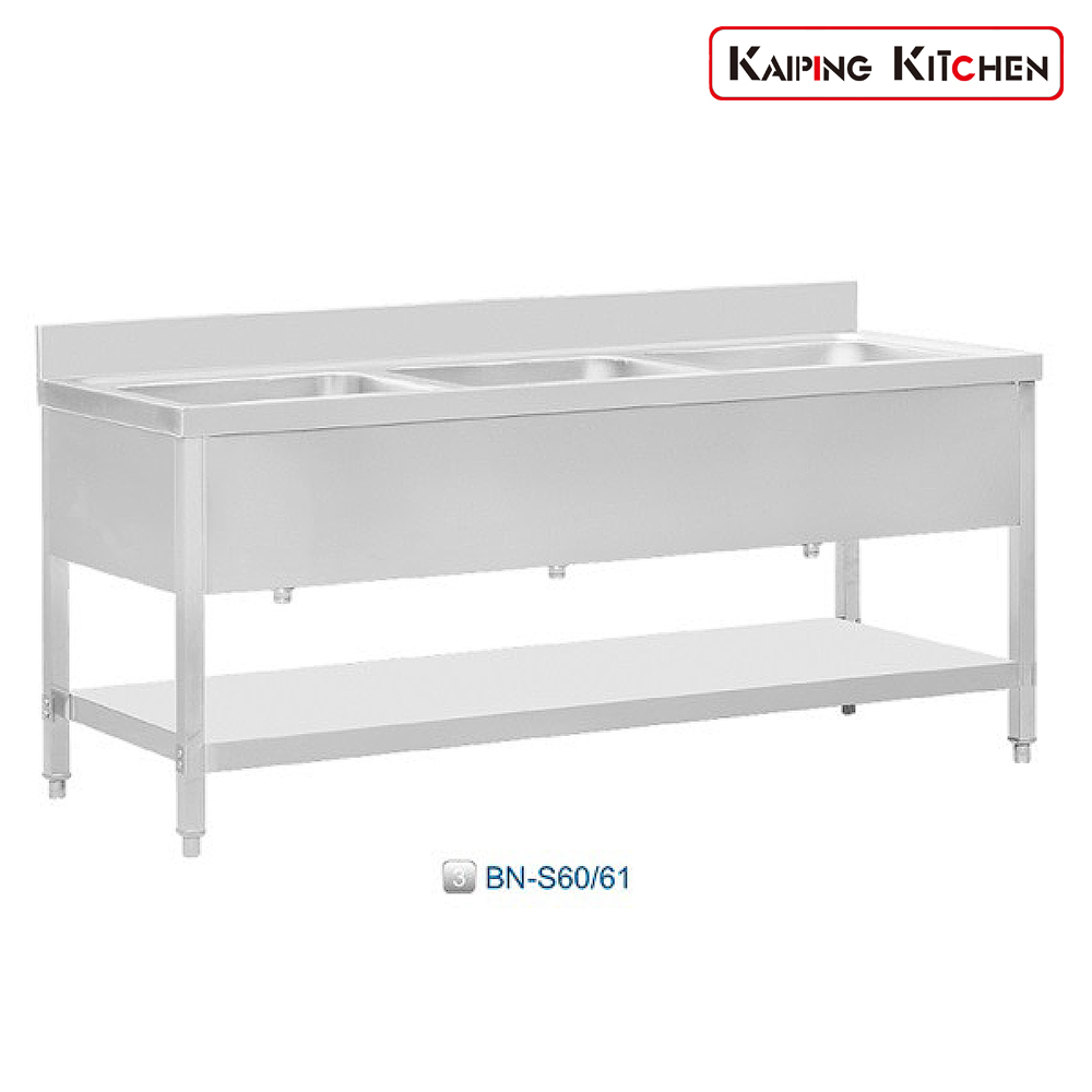 拆装式三星带围板洗涮台（拉伸面+拉伸盆） Triple Sink Bench With Under Shelf 
