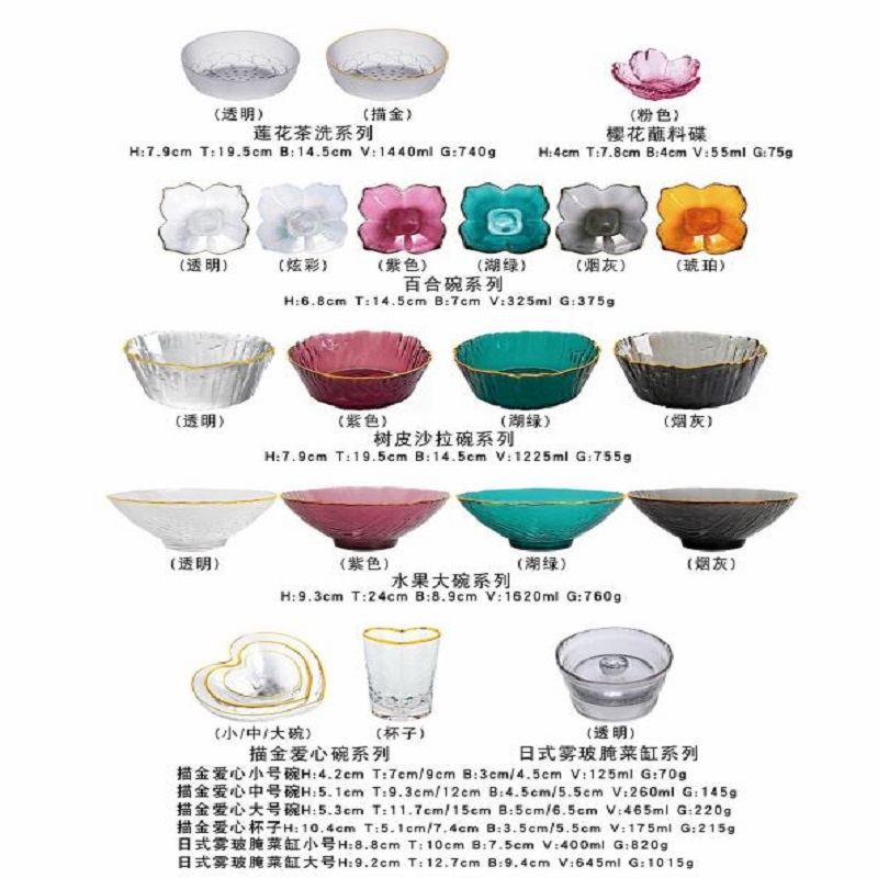 Modern and simple glass bowls, complete sets of household bowls and plates wholesale, living room fruit plates, glacier pattern dessert, vegetable and salad bowls details Picture