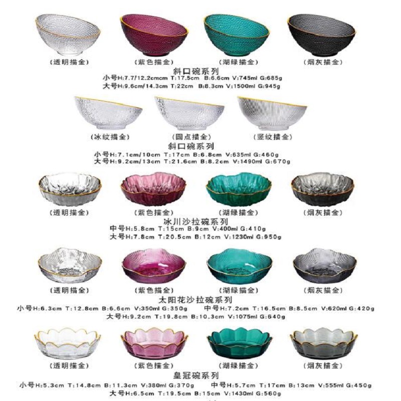 Modern and simple glass bowls, complete sets of household bowls and plates wholesale, living room fruit plates, glacier pattern dessert, vegetable and salad bowls Specification image