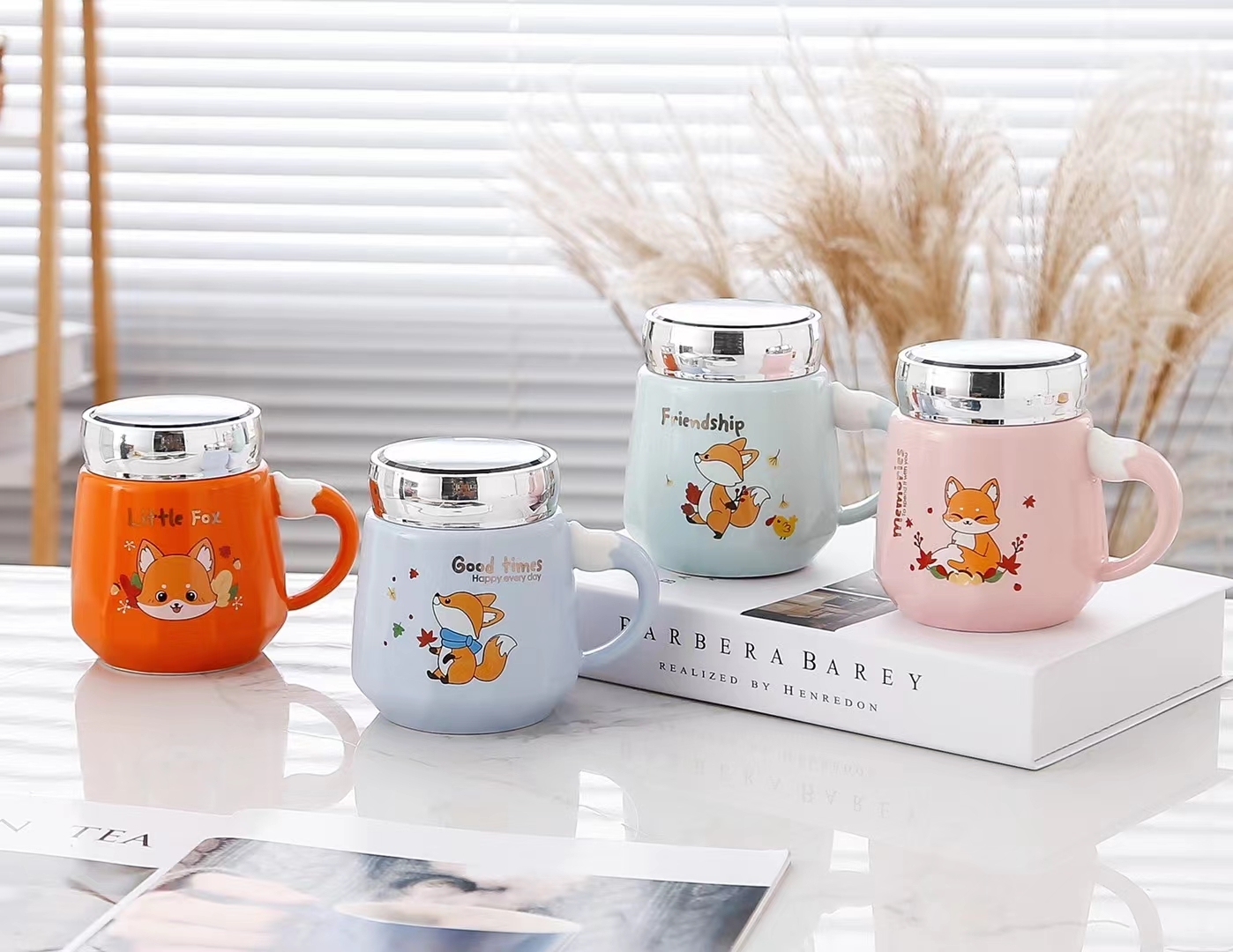 跨境热卖小狐狸陶瓷杯马克杯水杯牛奶杯带盖早餐杯创意水杯卓洽0135