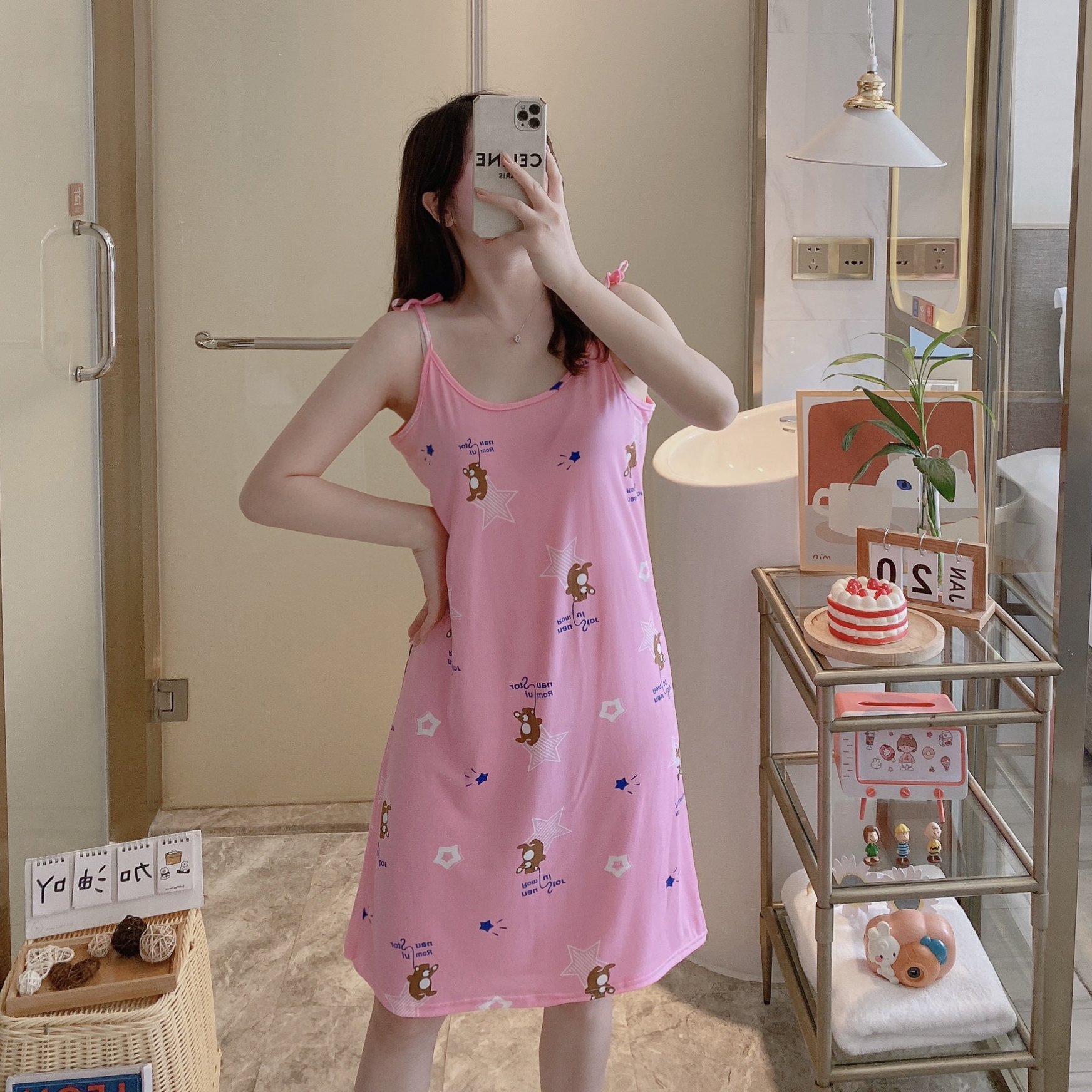 女士牛奶丝睡衣套装家居服粉底小熊吊带睡裙