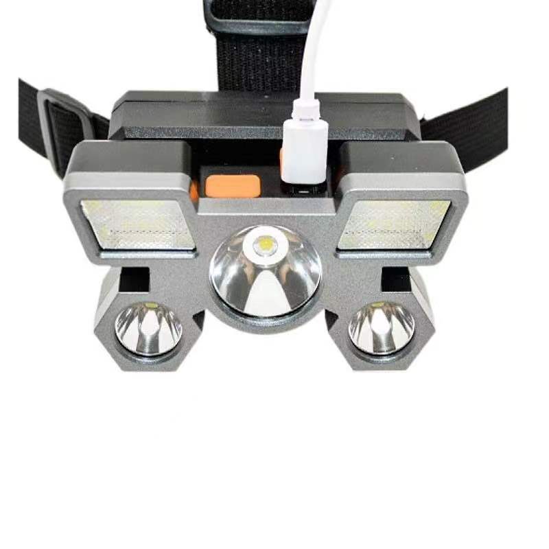 新款强光5LED头灯 多头头灯户外照明头戴USB充电防水电筒泛光灯图