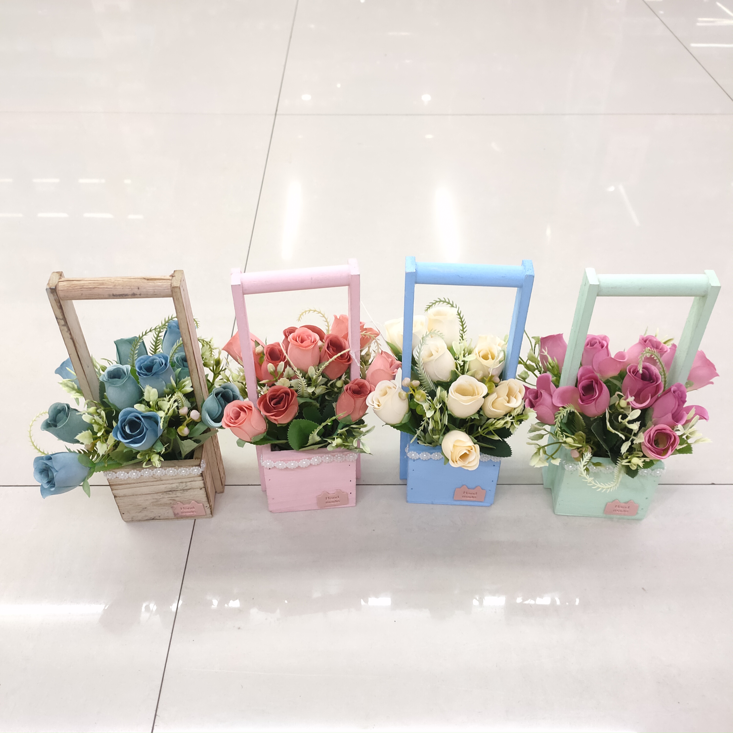 新款仿真花木头盆提篮玫瑰花盆景装饰客厅卧室餐厅摆件挂件