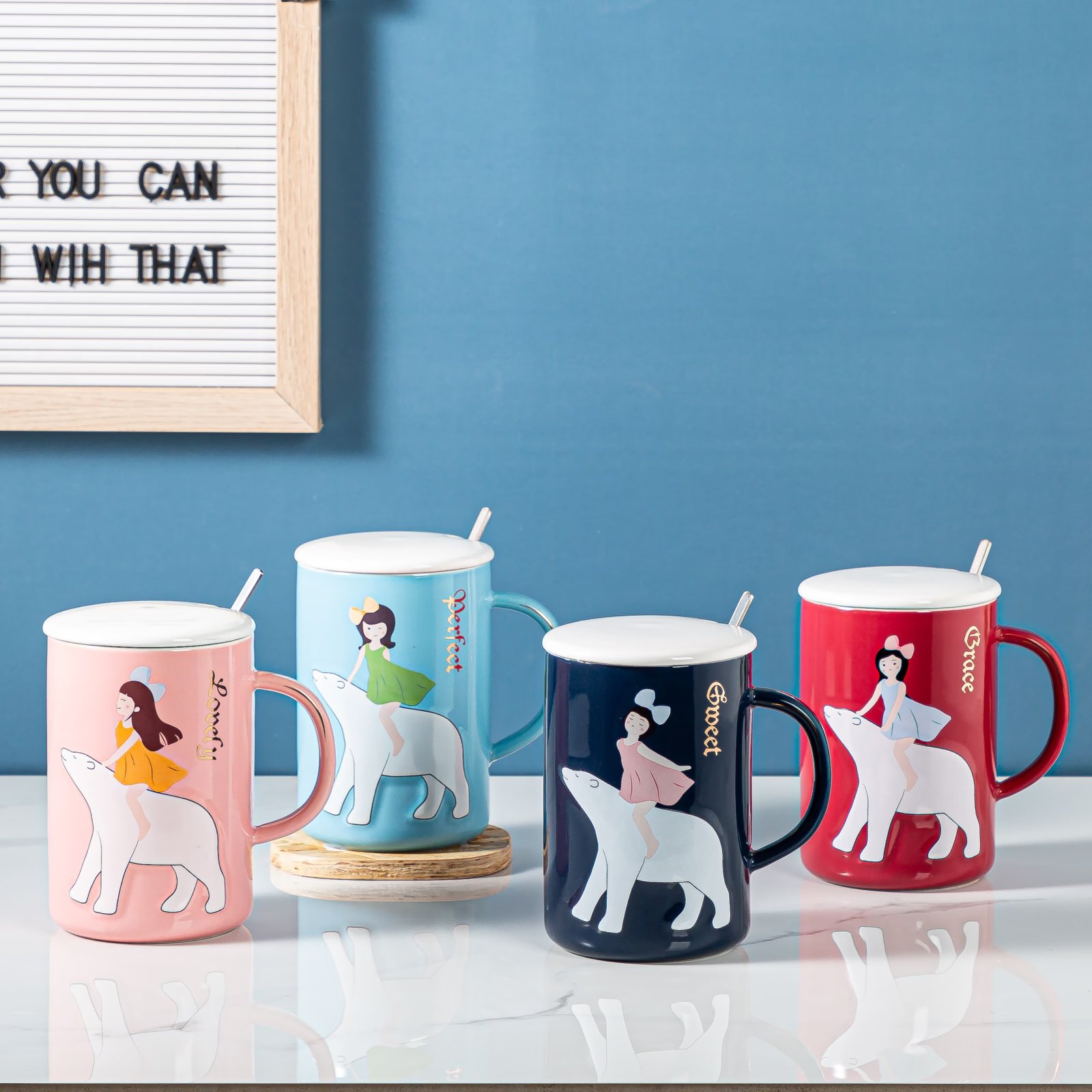 创意陶瓷杯北极熊咖啡杯色釉水杯带盖勺杯子