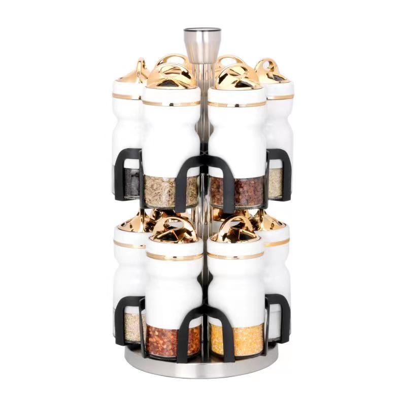 新款沙漏瓶调味罐套装双层旋转架12件套