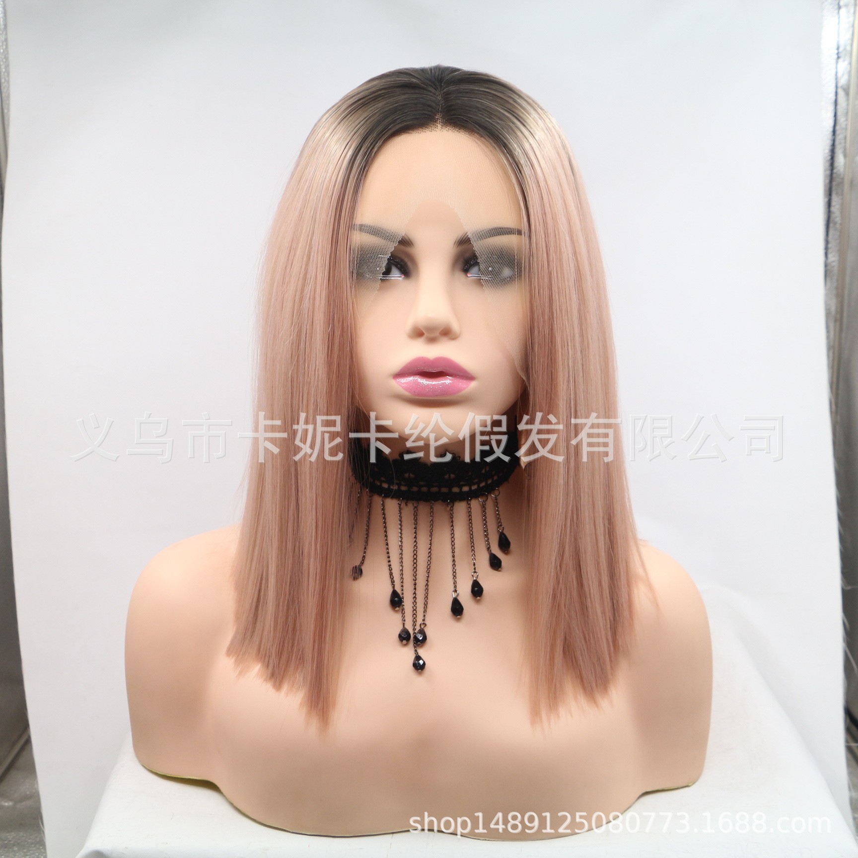 European and American fashion mid-parted shoulder-length straight hair synthetic fiber wig for women, light pink in stock and wholesale