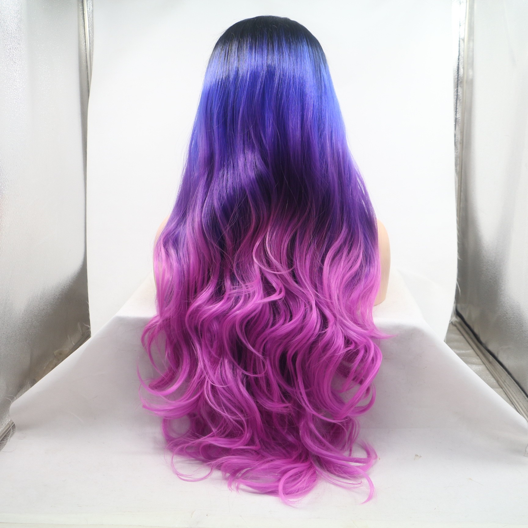 European and American fashion long curly hair synthetic fiber wigs, women's hair covers in stock wholesale, lace hair covers with purple, blue and black silk gradient Specification image