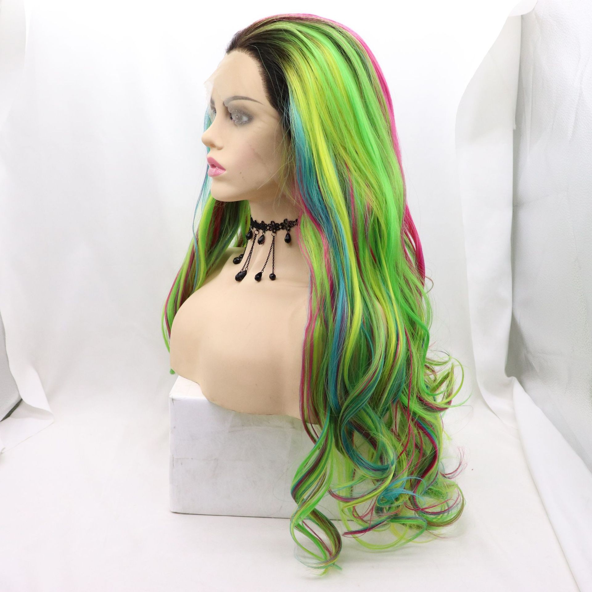 أغطية رأس من ألياف ليسي من طراز New LOOK، كبيرة من ألوان قوس قزح ذات شعر مستعار من حرير مرتفع