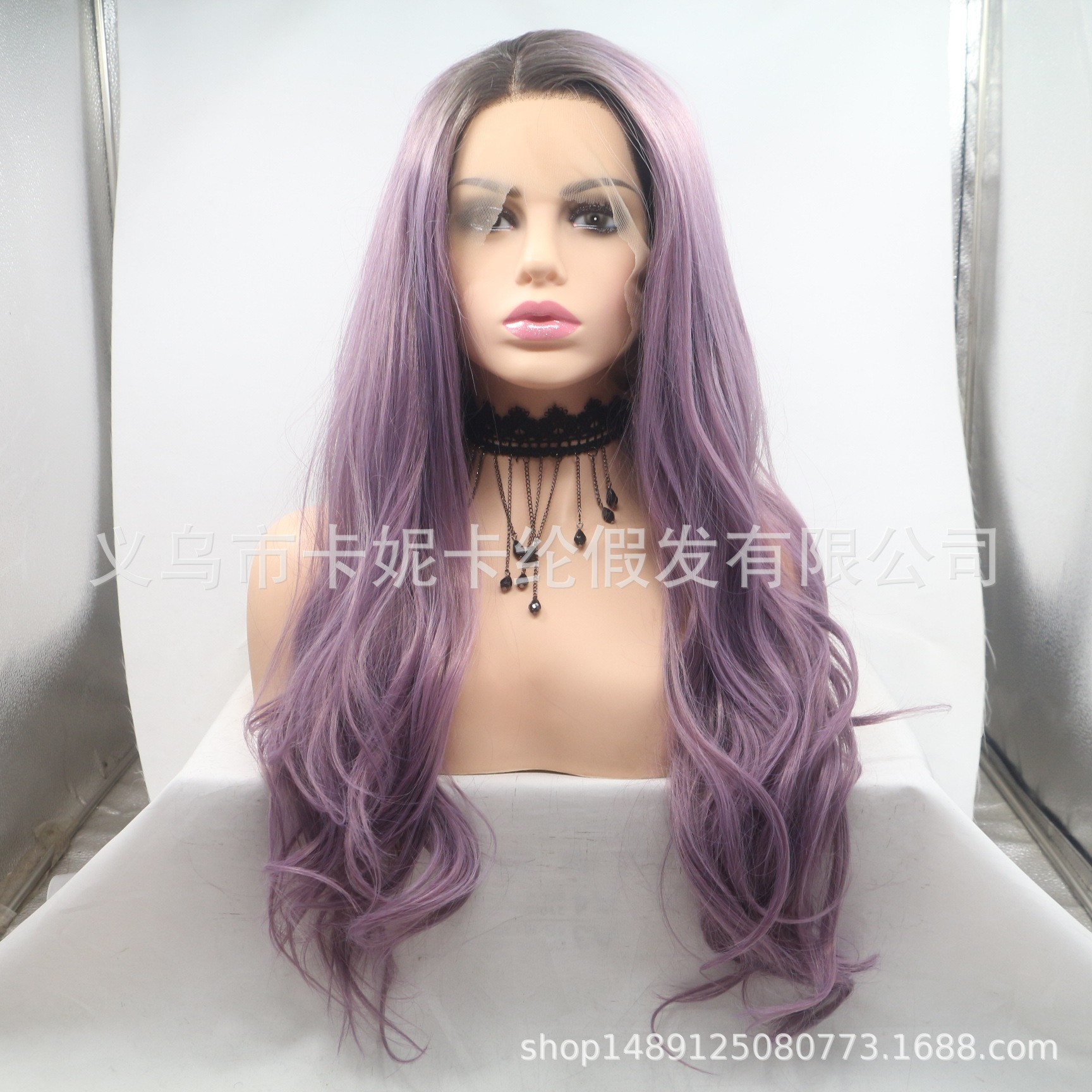 NEWLOOK wig for women, long European and American curly hair, lace head cover, synthetic fiber false hair, pinkish-purple Application Scenario