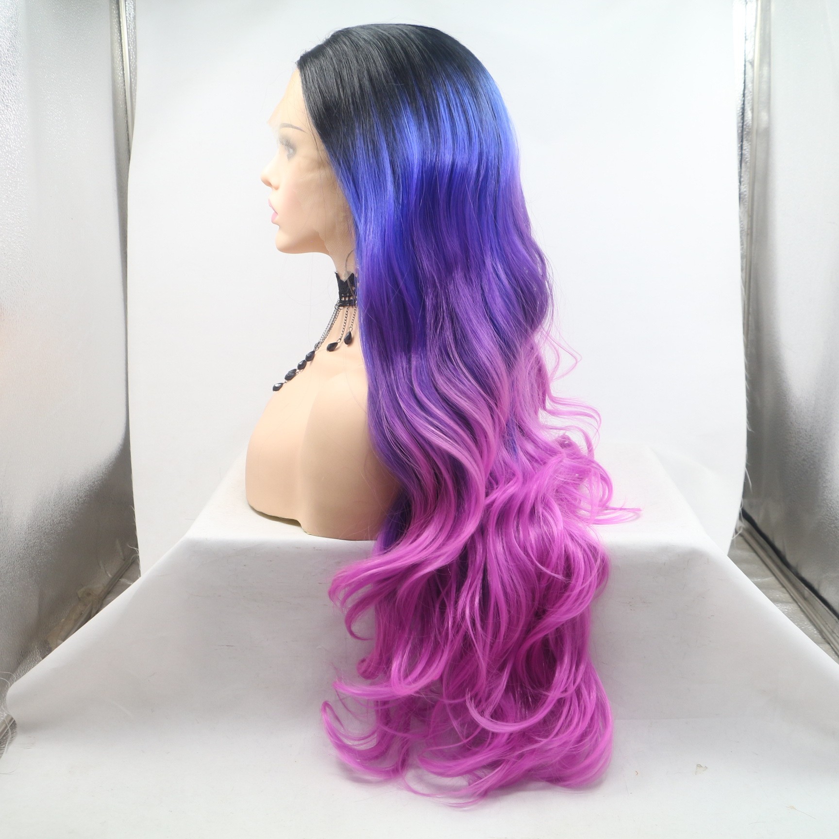 European and American fashion long curly hair synthetic fiber wigs, women's hair covers in stock wholesale, lace hair covers with purple, blue and black silk gradient details Picture