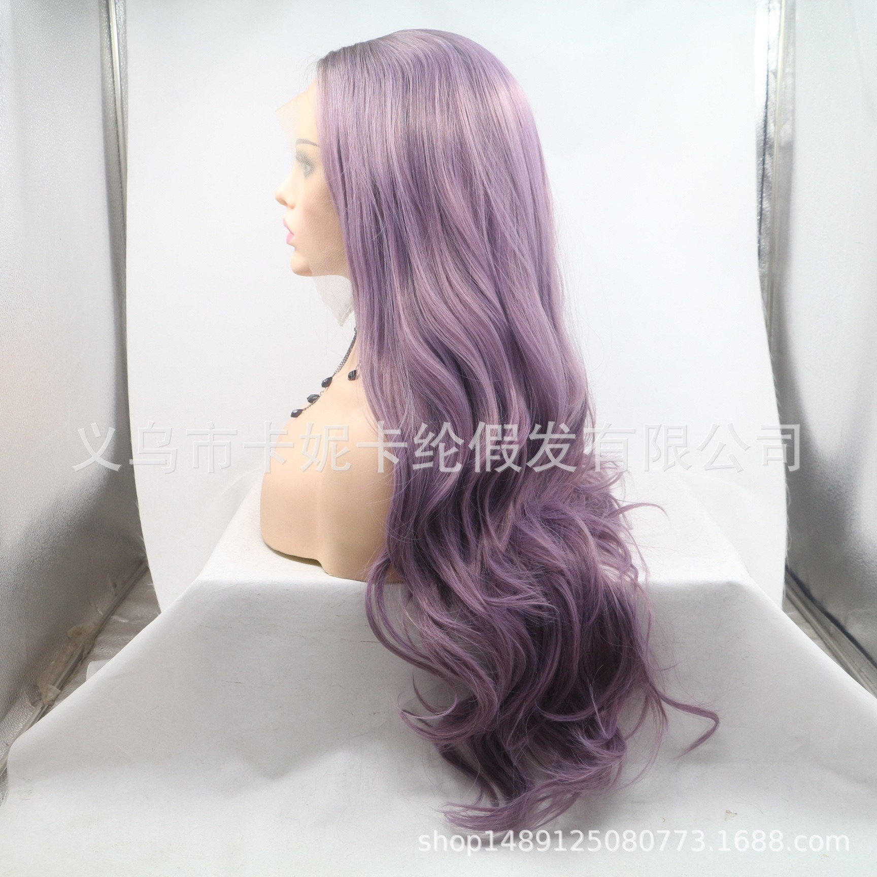NEWLOOK wig for women, long European and American curly hair, lace head cover, synthetic fiber false hair, pinkish-purple Specification image