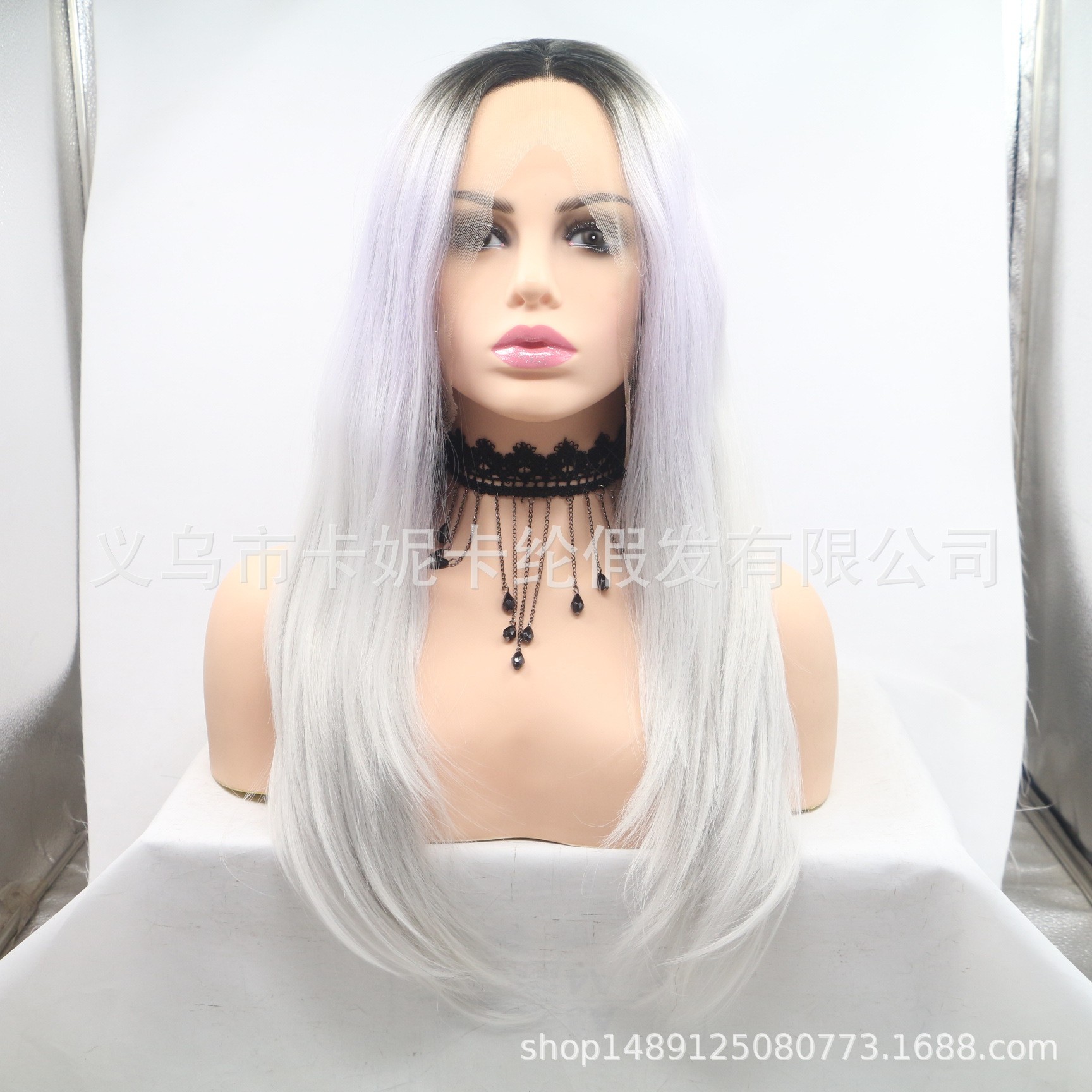 NEWLOOK欧美时尚中分银色渐变长直发 化纤假发女头套 现货批发