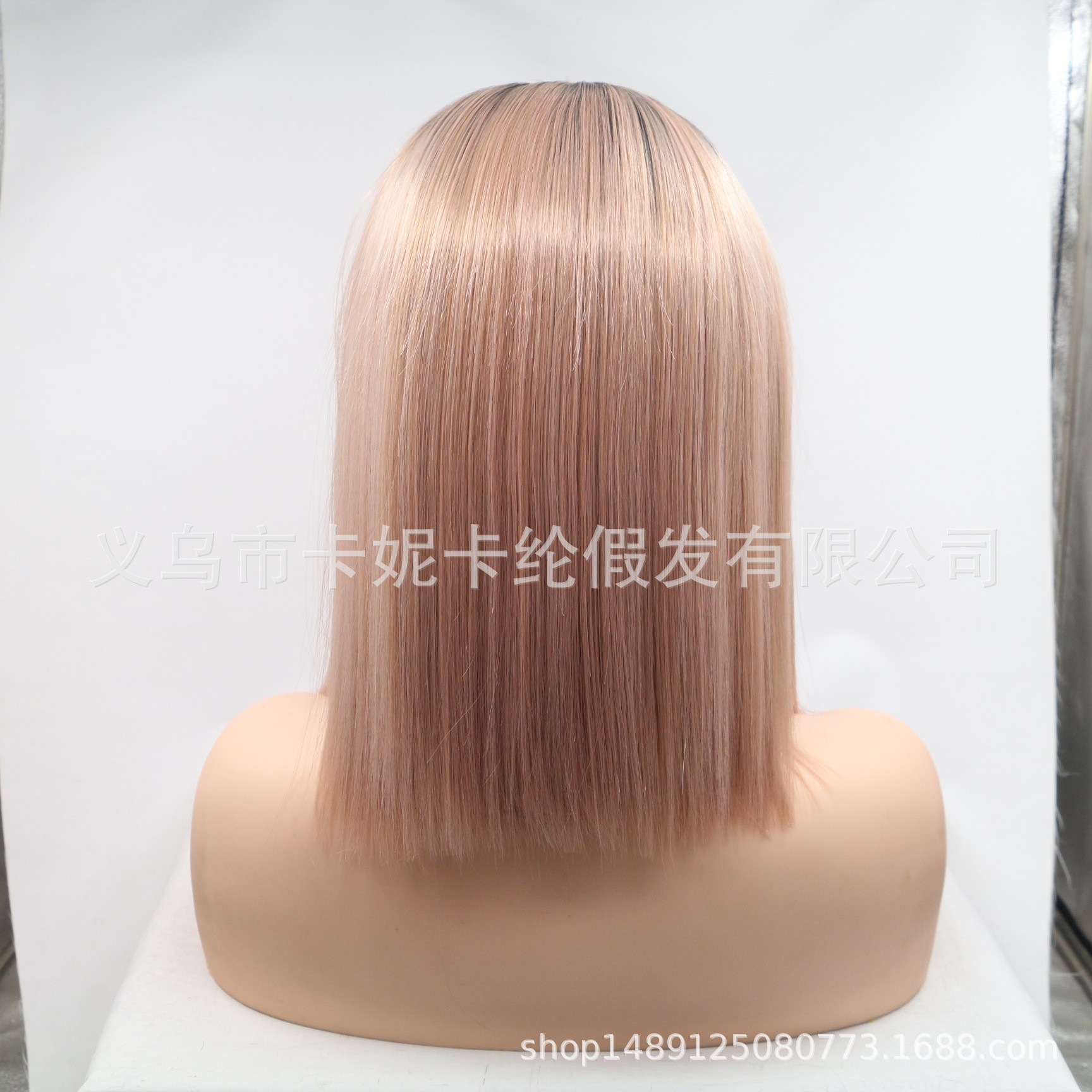 European and American fashion mid-parted shoulder-length straight hair synthetic fiber wig for women, light pink in stock and wholesale Specification image