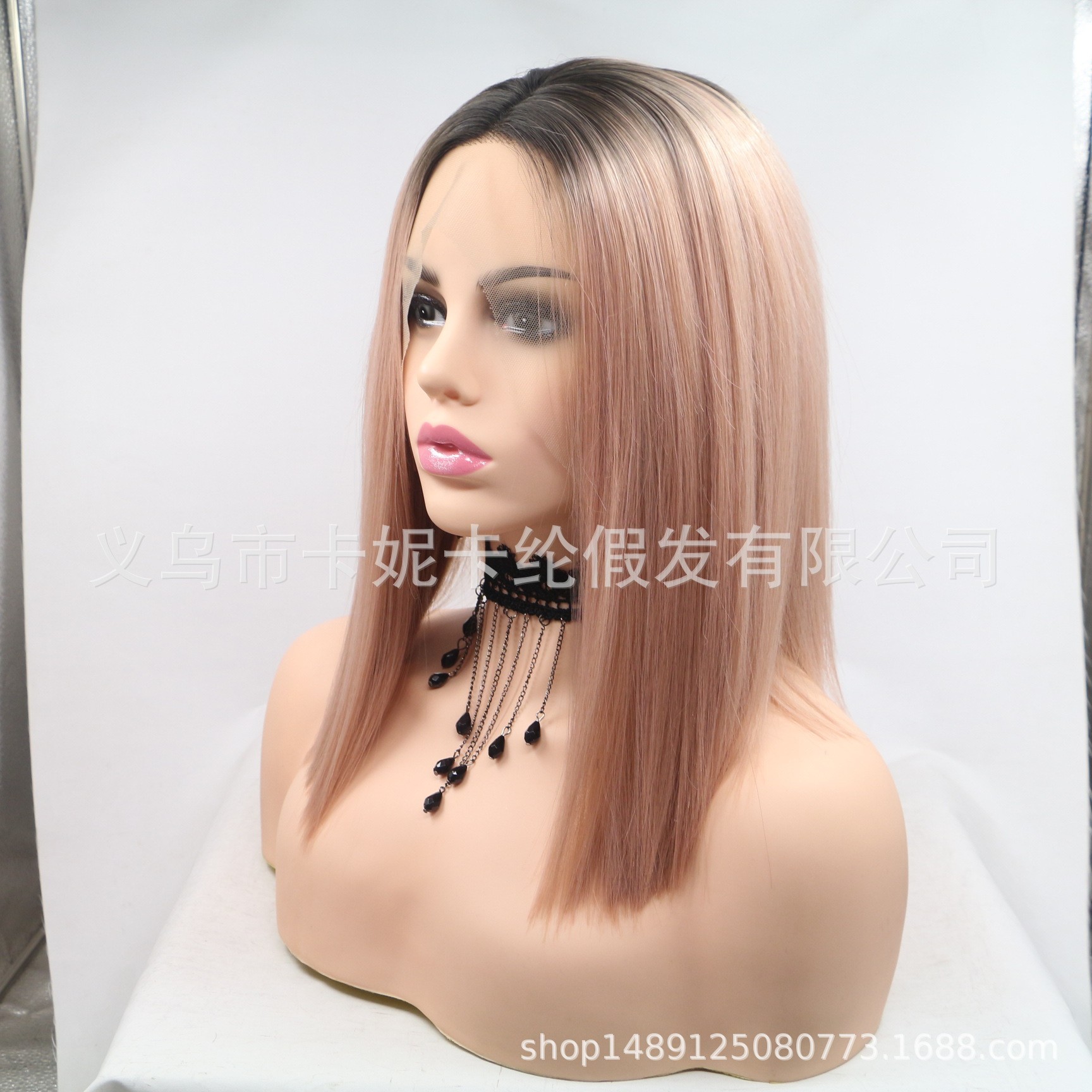 European and American fashion mid-parted shoulder-length straight hair synthetic fiber wig for women, light pink in stock and wholesale details Picture