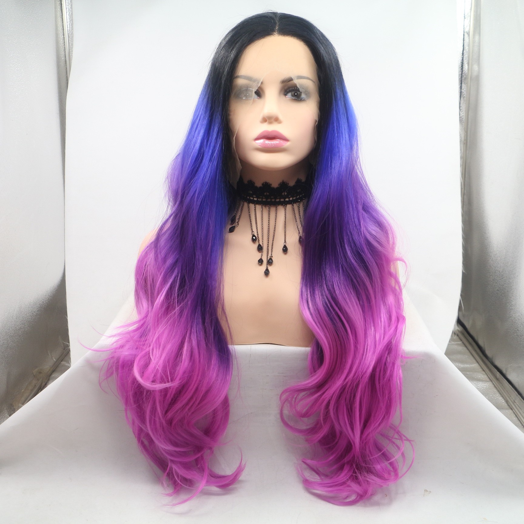 European and American fashion long curly hair synthetic fiber wigs, women's hair covers in stock wholesale, lace hair covers with purple, blue and black silk gradient